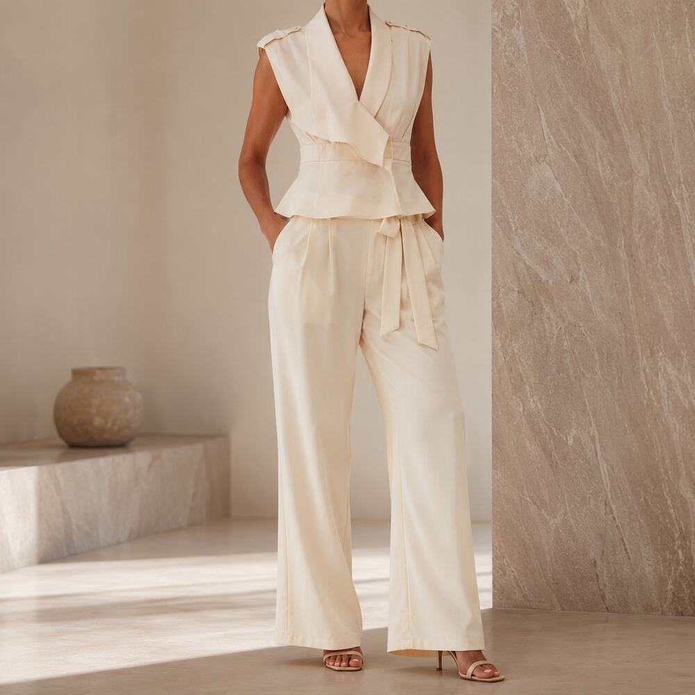 COMMENSE Off White Wrap Top Pleated Pants Set L Quiet Luxury Corpcore